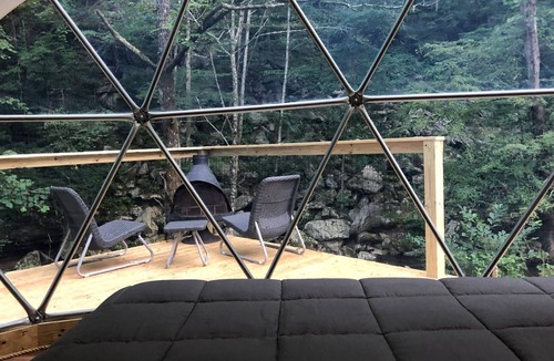 Deep Gap RV Rental | Glamping Geodesic Dome Tent - Trout Stream, Fire Pit & Privacy