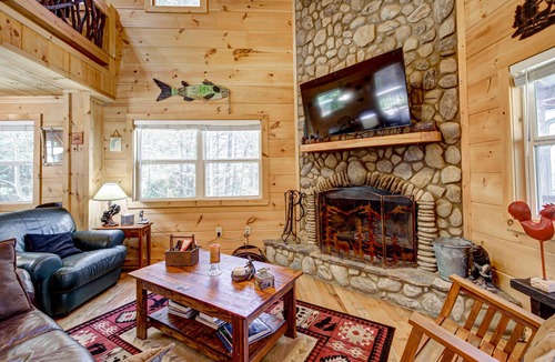 Suches House | Riverfront duplex w/ mountain view, deck, private hot tub, games loft & WiFi