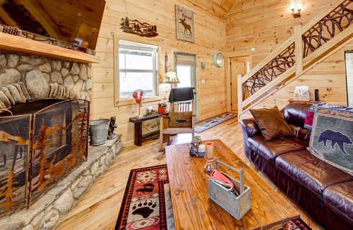 Suches House | Riverfront duplex w/ mountain view, deck, private hot tub, games loft & WiFi