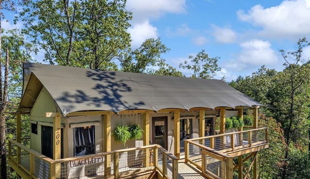 Luxury Tree Tent with Soaking Tub & Pizza Oven Near Waterfalls, Zirconia, North Carolina