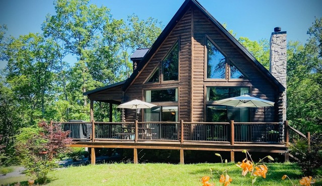 Modern cabin with fire pit, private hot tub, mountain views + dog friendly